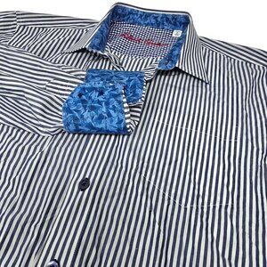 Robert‎ Graham Flip Cuff Dress Shirt Large Men's Long Sleeve Blue White Striped